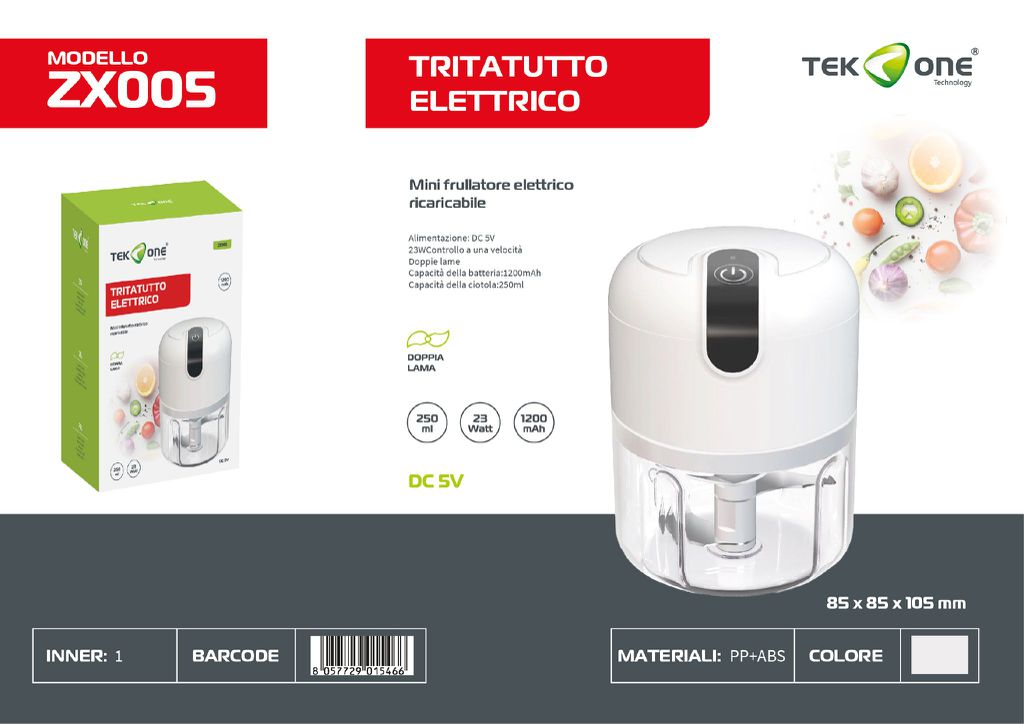 Mini Tritatutto Elettrico Ricaricabile Dc 5V 1200mAh 250ML 23W