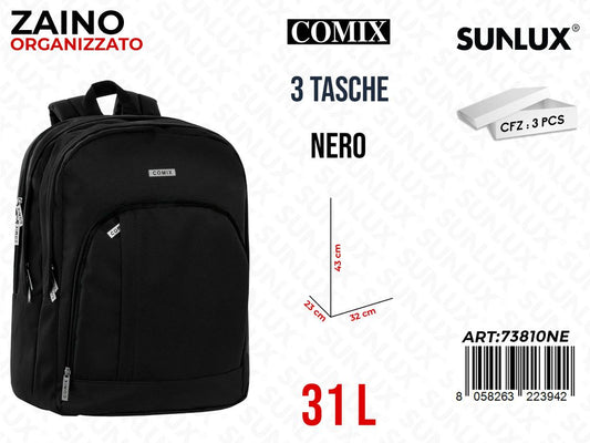 ZAINO ORGANIZZATO 3TASCHE NERO COMIX 32*43*23CM