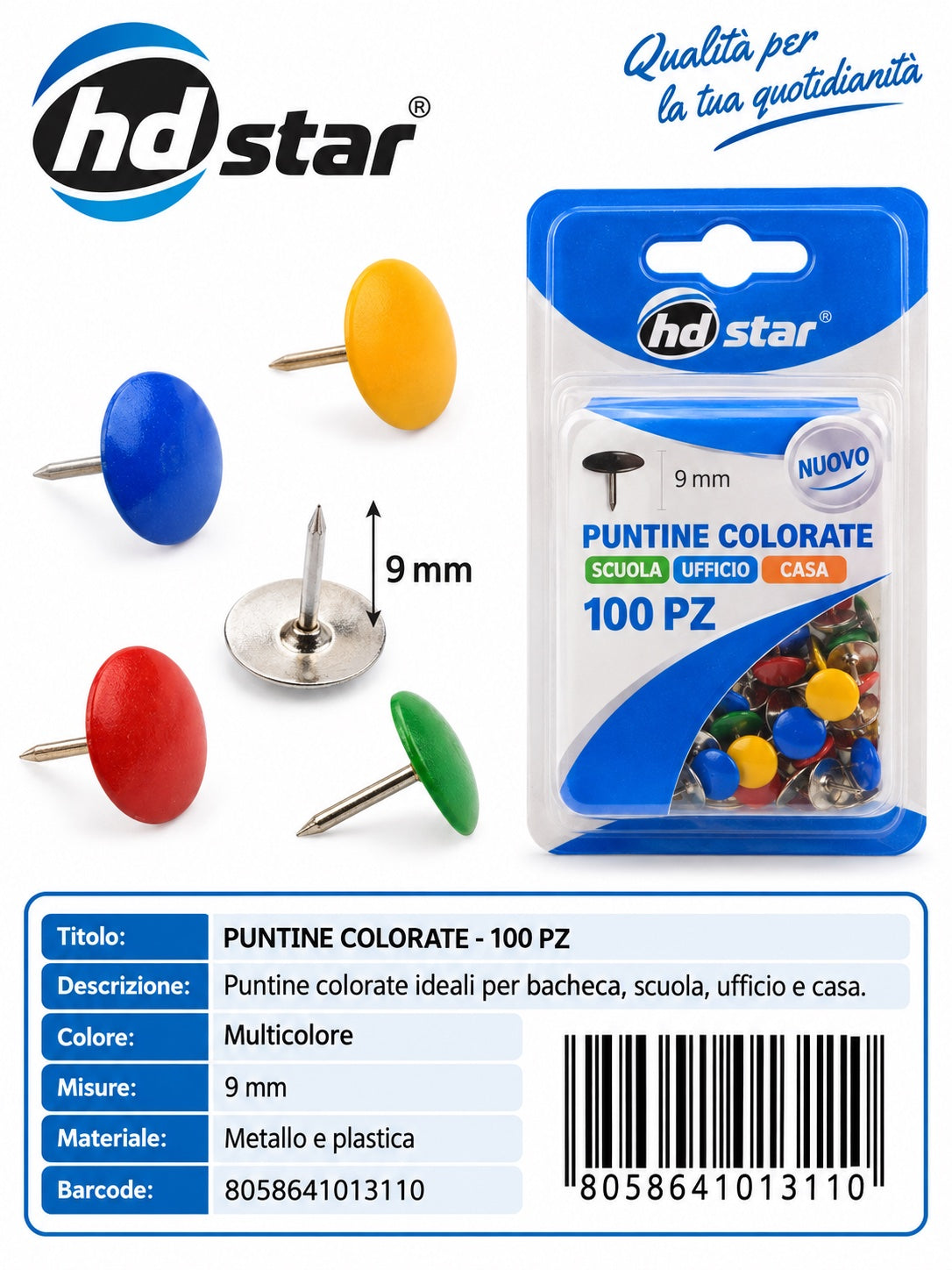 01311 Puntine Colorate 9Mm 100Pz Ct 3