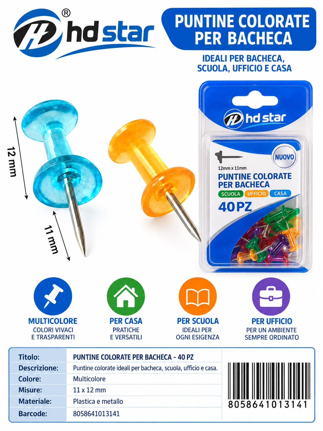 01314 Puntine Colorate Per Bacheca 50Pz Ct 240