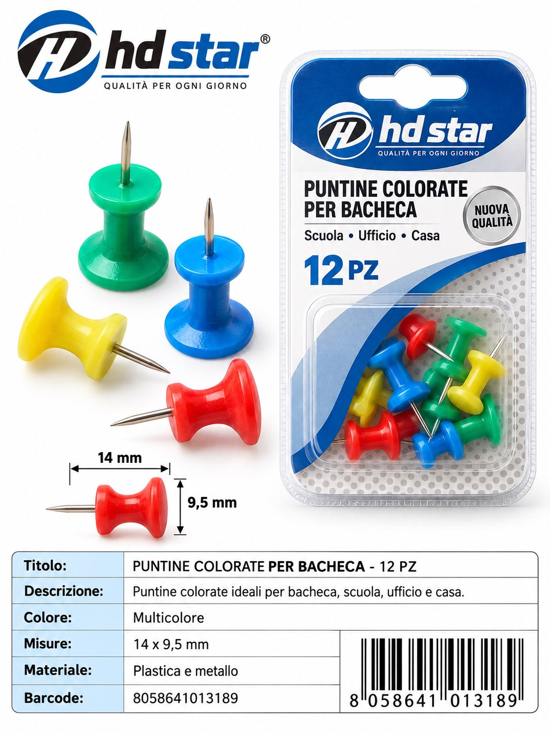 01318 Puntine Colorate Per Bacheca 12Pz