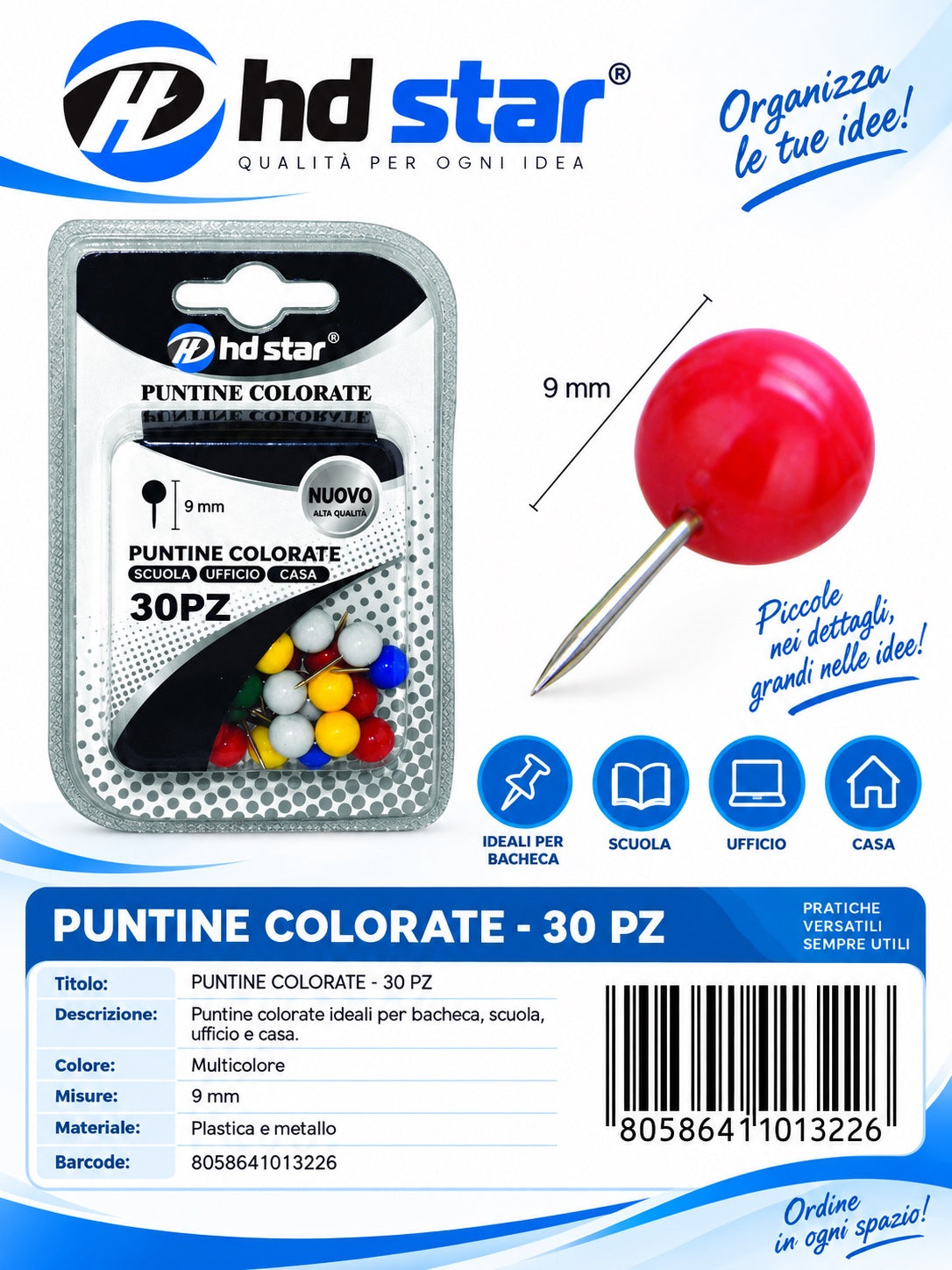 01322 Puntine Colorate 9Mm 30Pz Ct 3