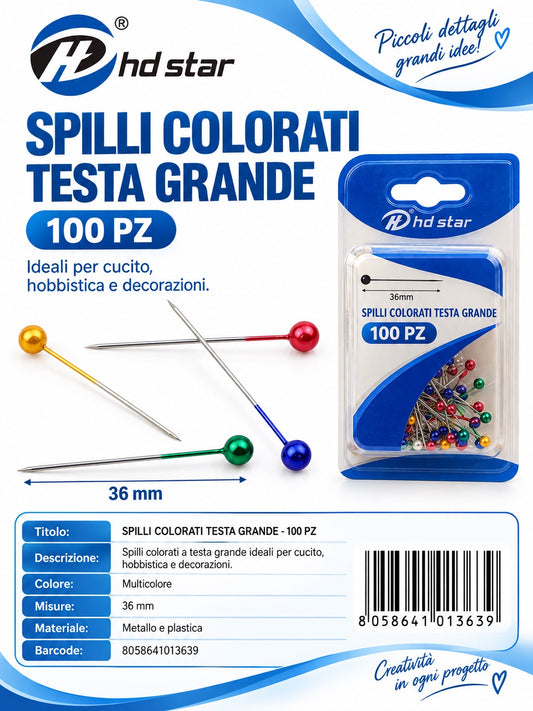 01363 Spilli Colorati Testa Grande 36Mm 100Pz Ct 240
