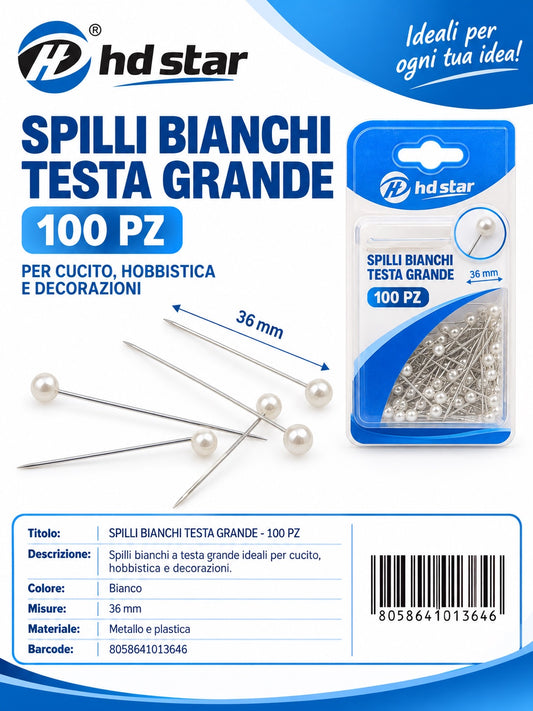 01364 Spilli Bianchi Testa Grande 36Mm 100Pz Ct 240