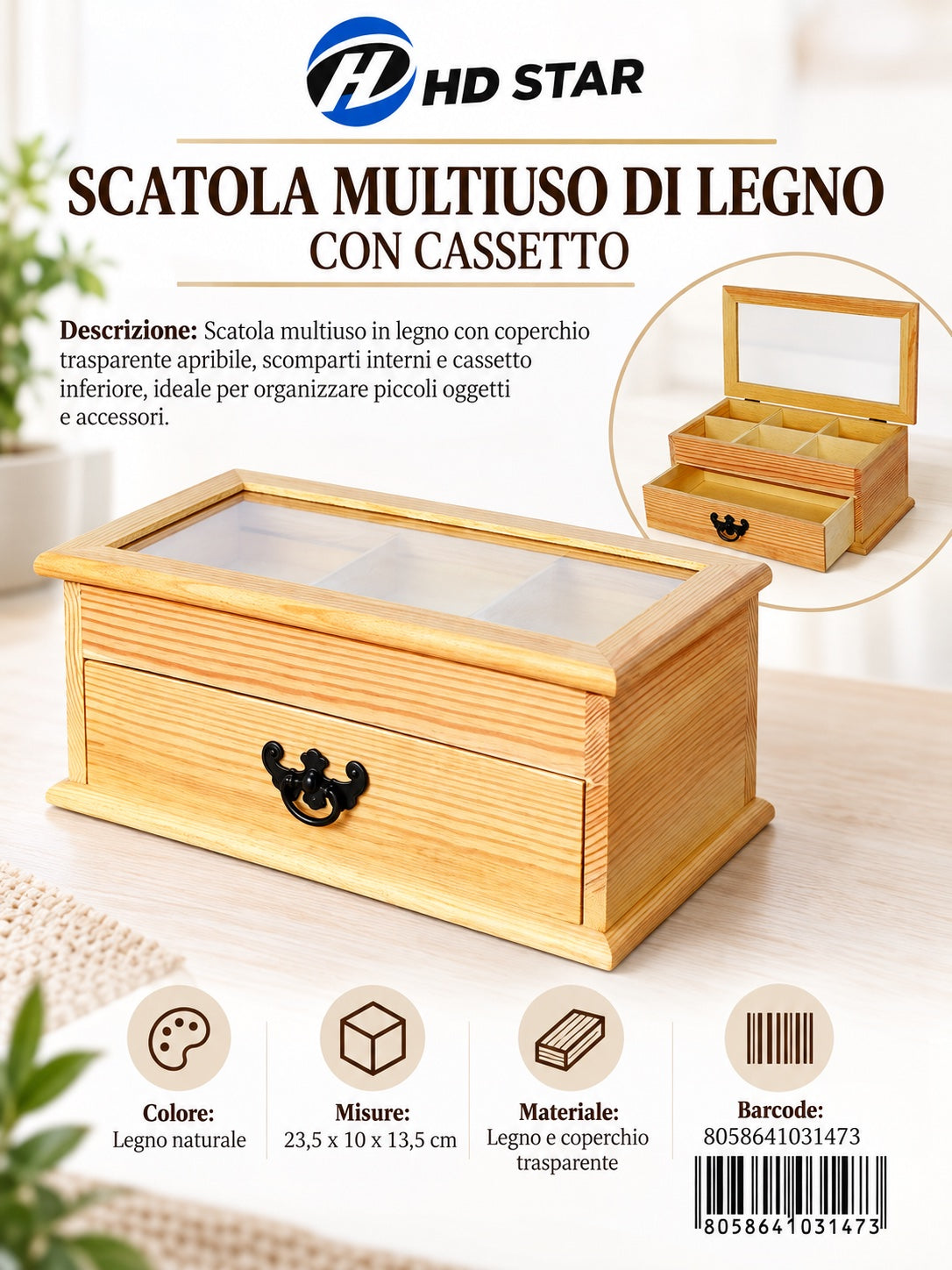 03147 Scatola Multiuso Di Legno 23.5*13.5*10 Ct 36