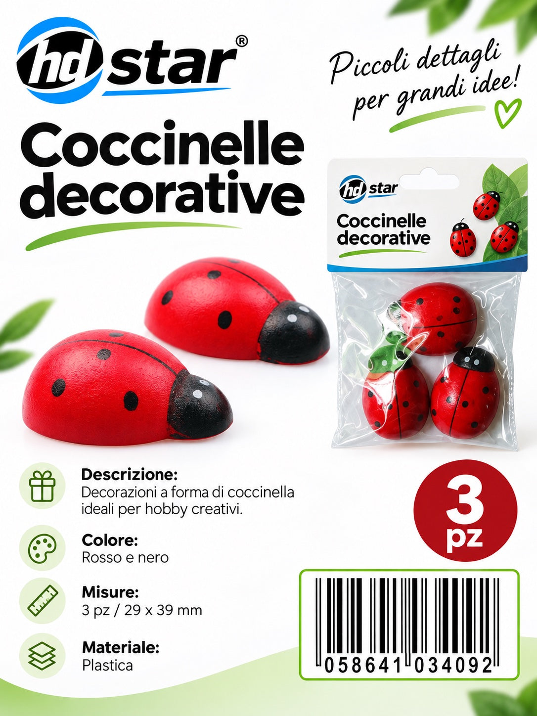 03409 Coccinelle Decorative 3Pz 29*39Mm Ct 480