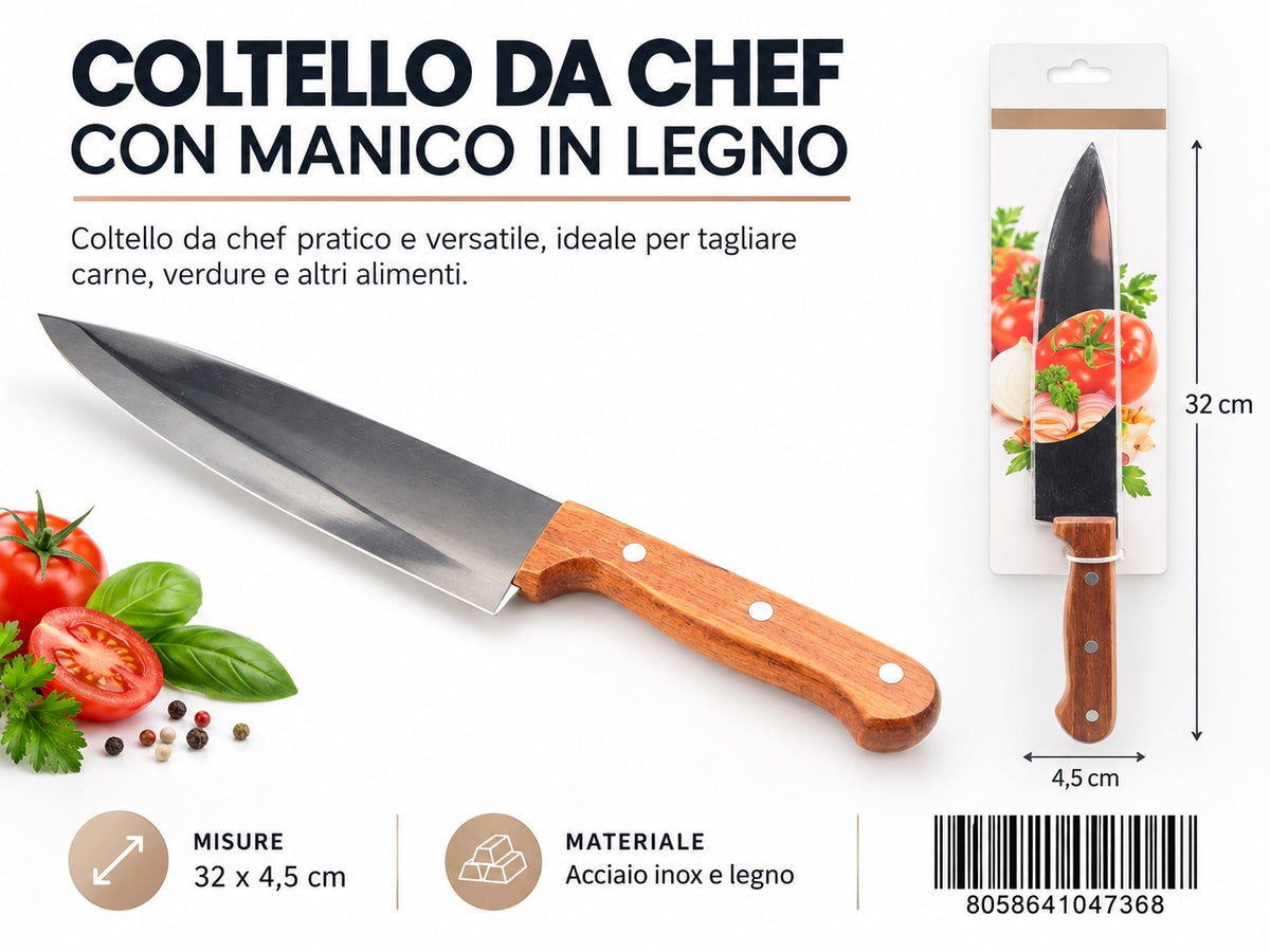 04736 Coltello Da Chef Con Manico In Legno 32.5*4.5Cm