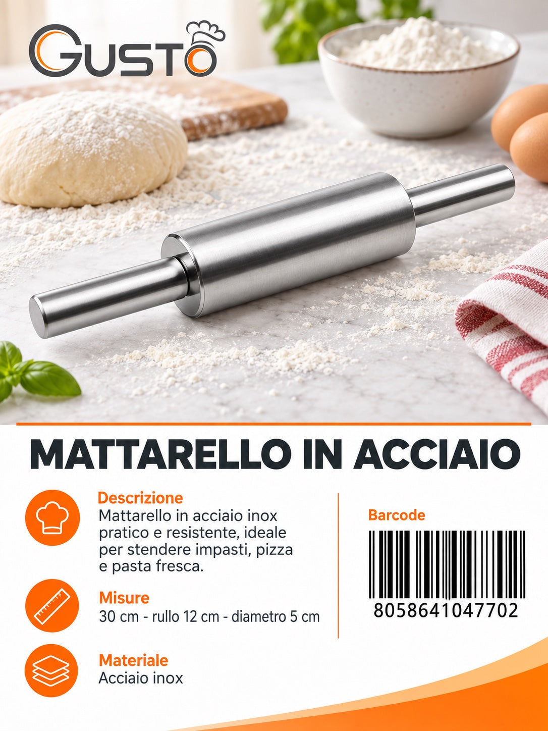 04770 Mattarello In Acciaio