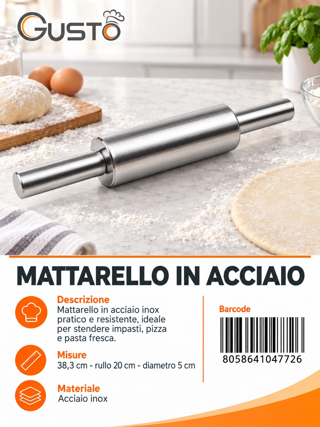 04772 Mattarello In Acciaio