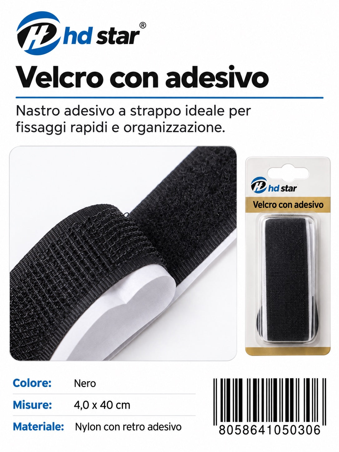 05030 Velcro Adesivo 4.0*40Cm Nero 1/12 Ct 240
