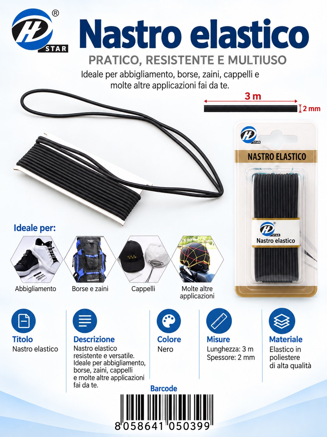 05039 Nastro Elastico Tondo 2Mm*3Mt 1/12