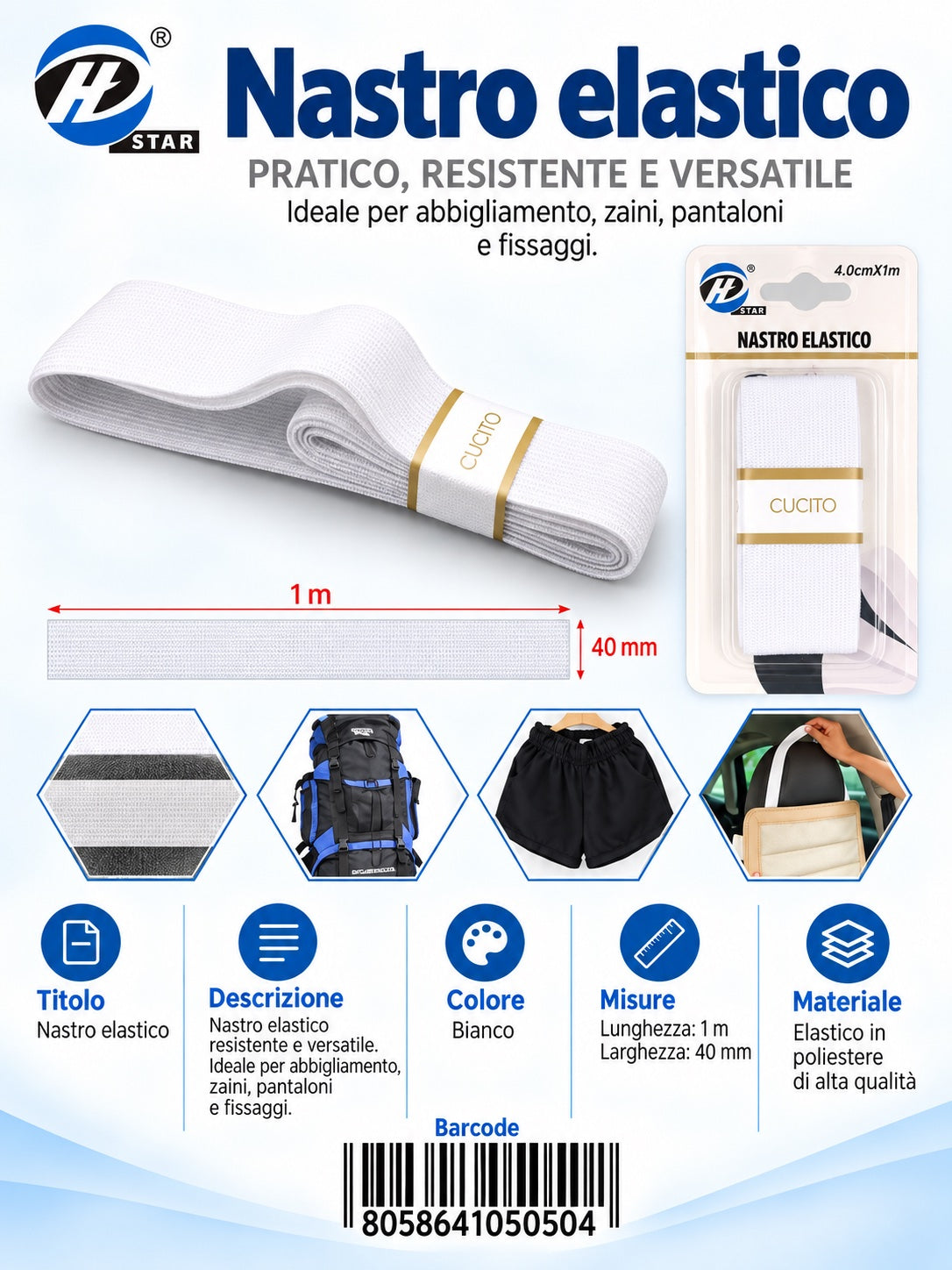 05050 Nastro Elastico Piatto 4.0Cm*1Mt 1/12