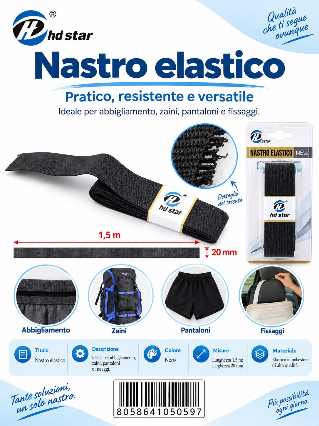 05059 Nastro Elastico Piatto 2.5Cm*1Mt 1/12