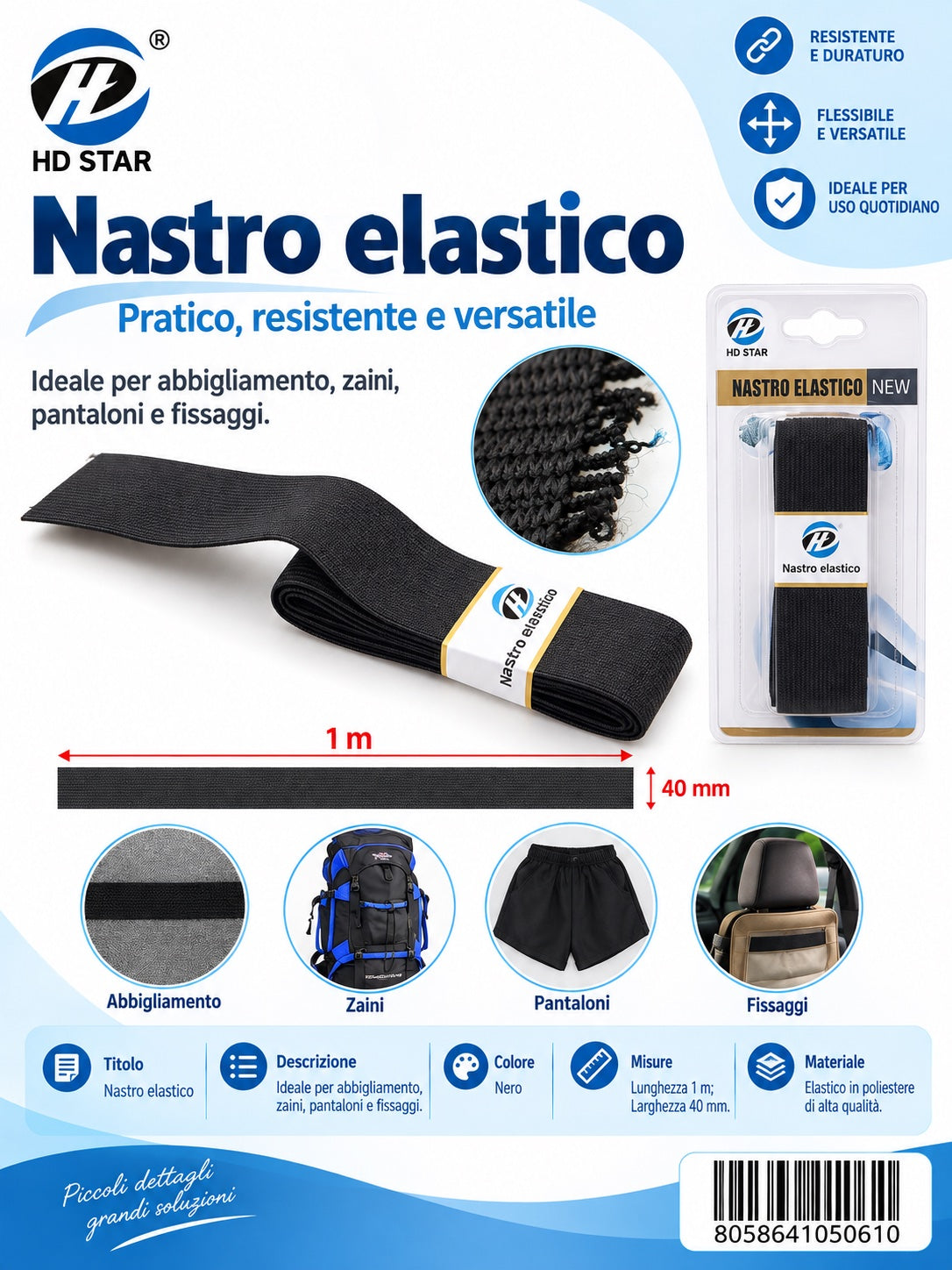 05061 Nastro Elastico Piatto 4.0Cm*1Mt 1/12