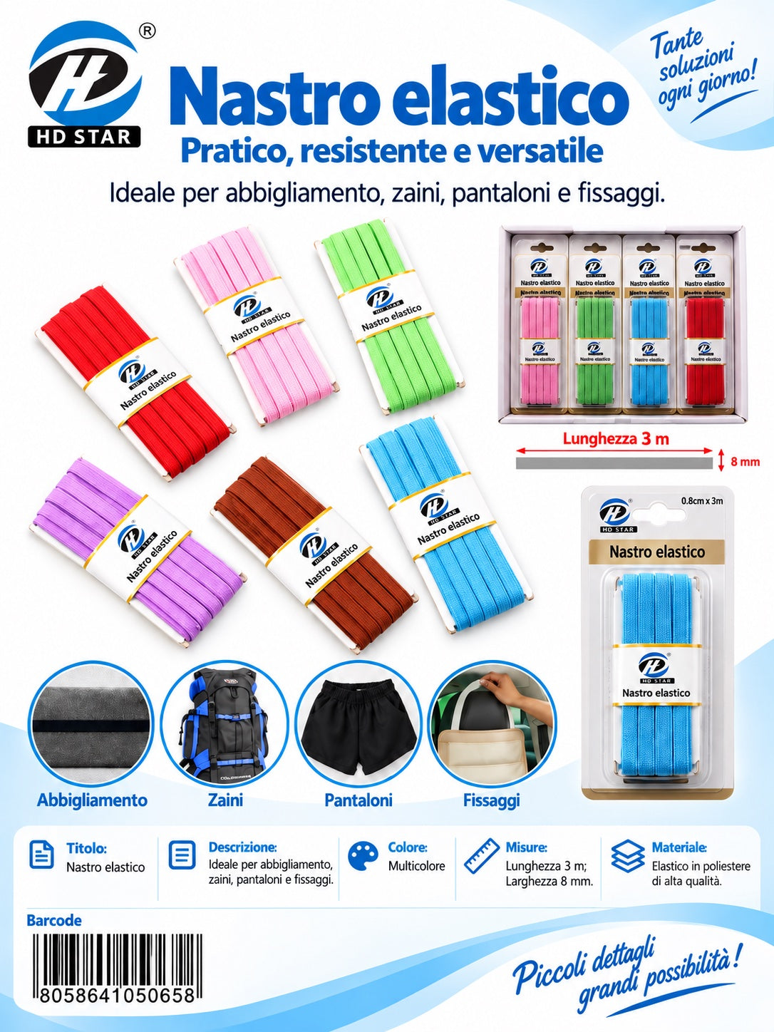 05065 Nastro Elastico Piatto 0.8Cm*3Mt 1/12