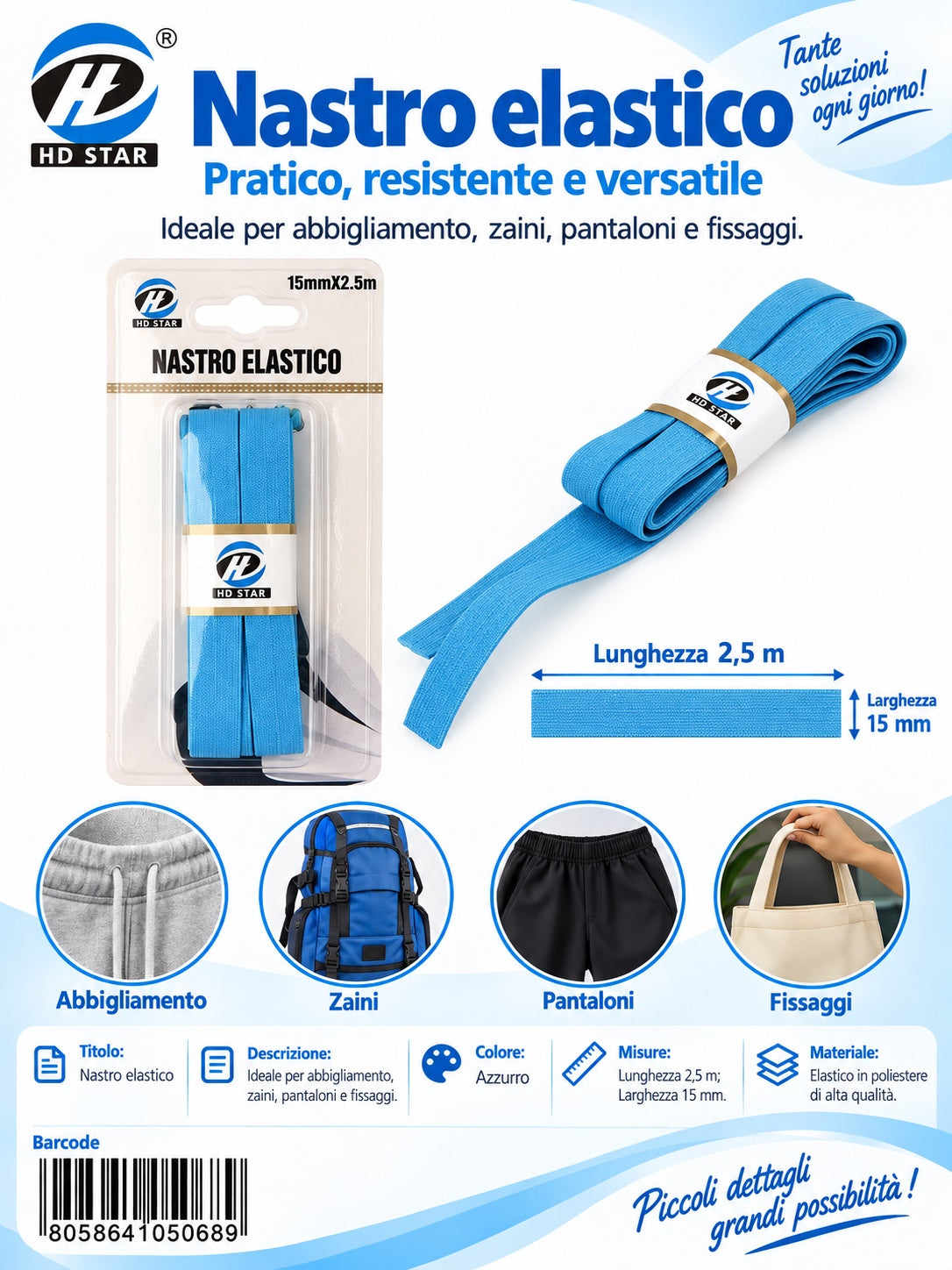 05068 Nastro Elastico Piatto 1.5Cm*2Mt 1/12