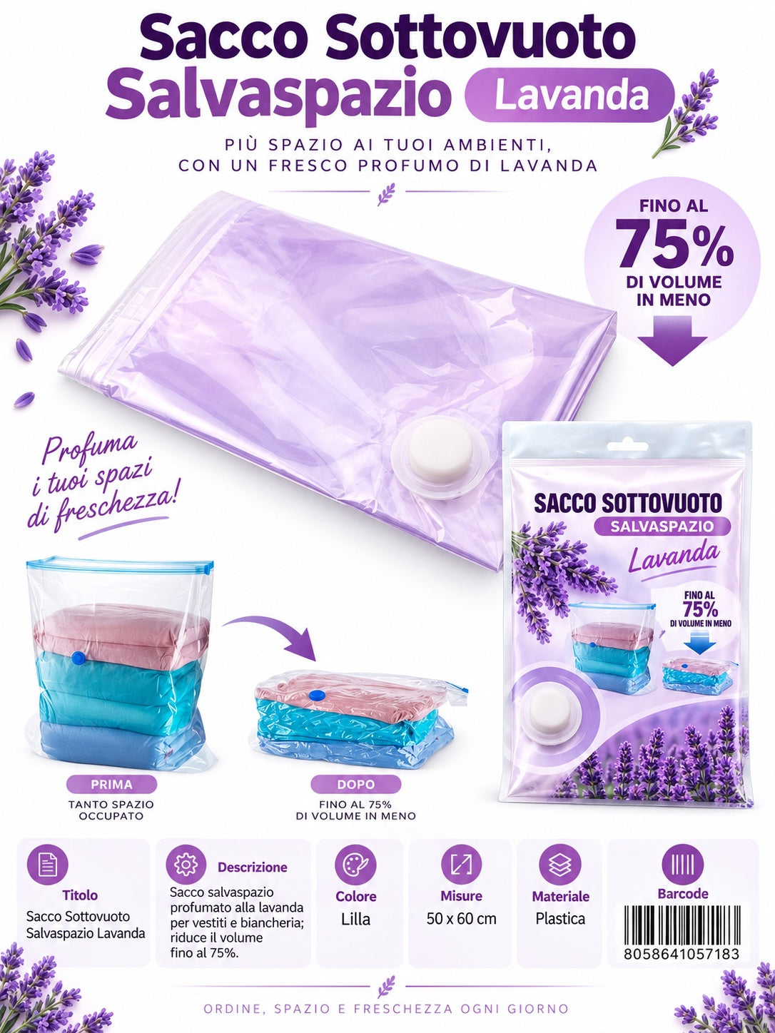 05718 Sacco Sottovuoto Prof. Lavanda 50*60Cm 1/12 Ct144