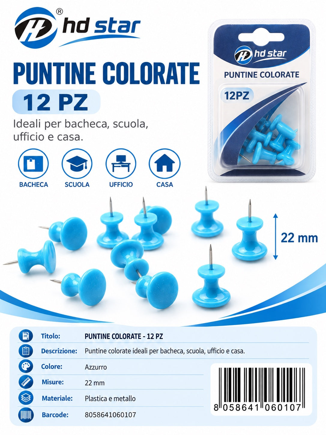 06010 Puntine Colorate Azzurro 12Pz 1/12 Ct 288