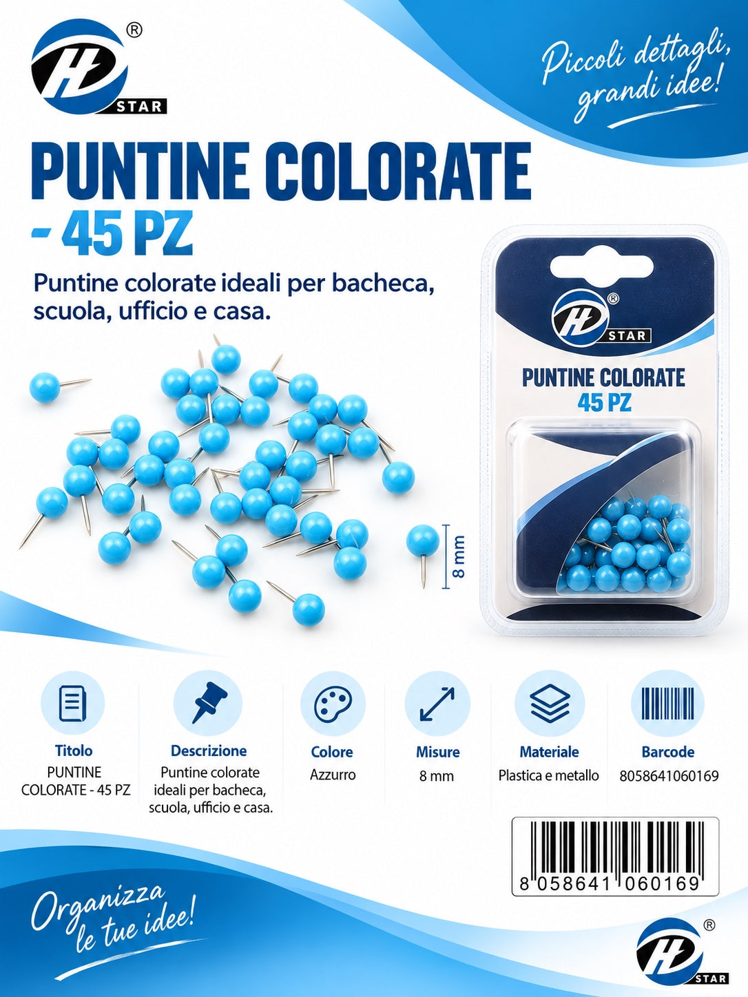 06016 Puntine Colorate Azzurro 45Pz 1/12 Ct 288