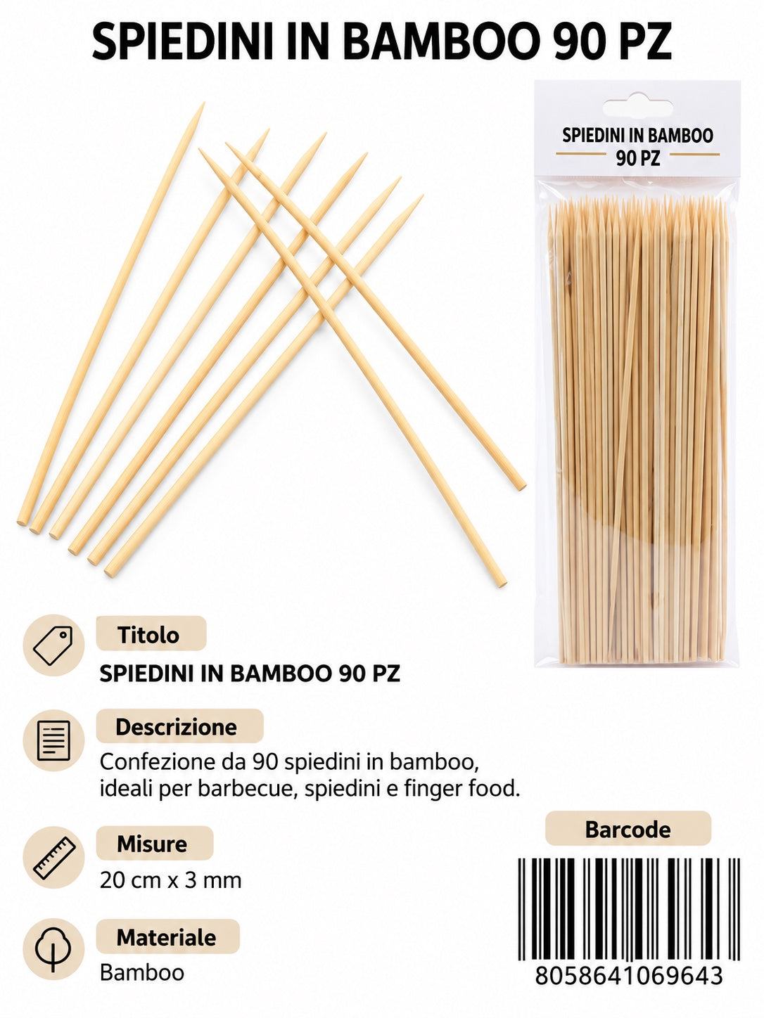 06964 Spiedini In Bamboo 3.0Mm*20Cm 90Pz 1/12 Ct144