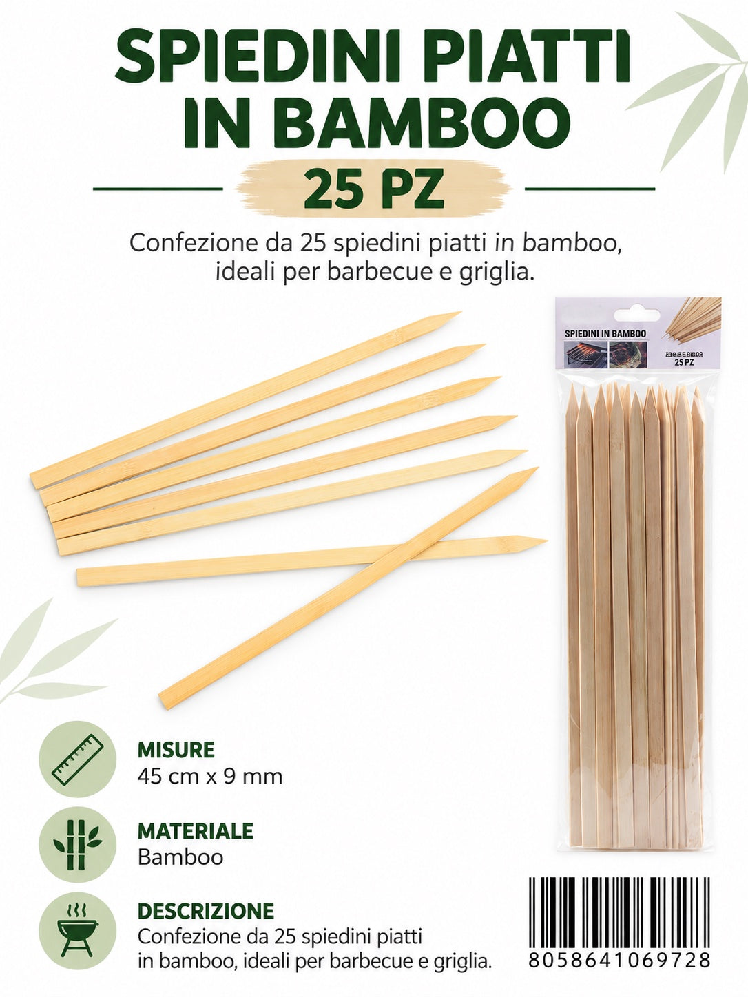 06972 Spiedini In Bamboo 3.0*0.9Mm*45Cm 25Pz 1/12 Ct144