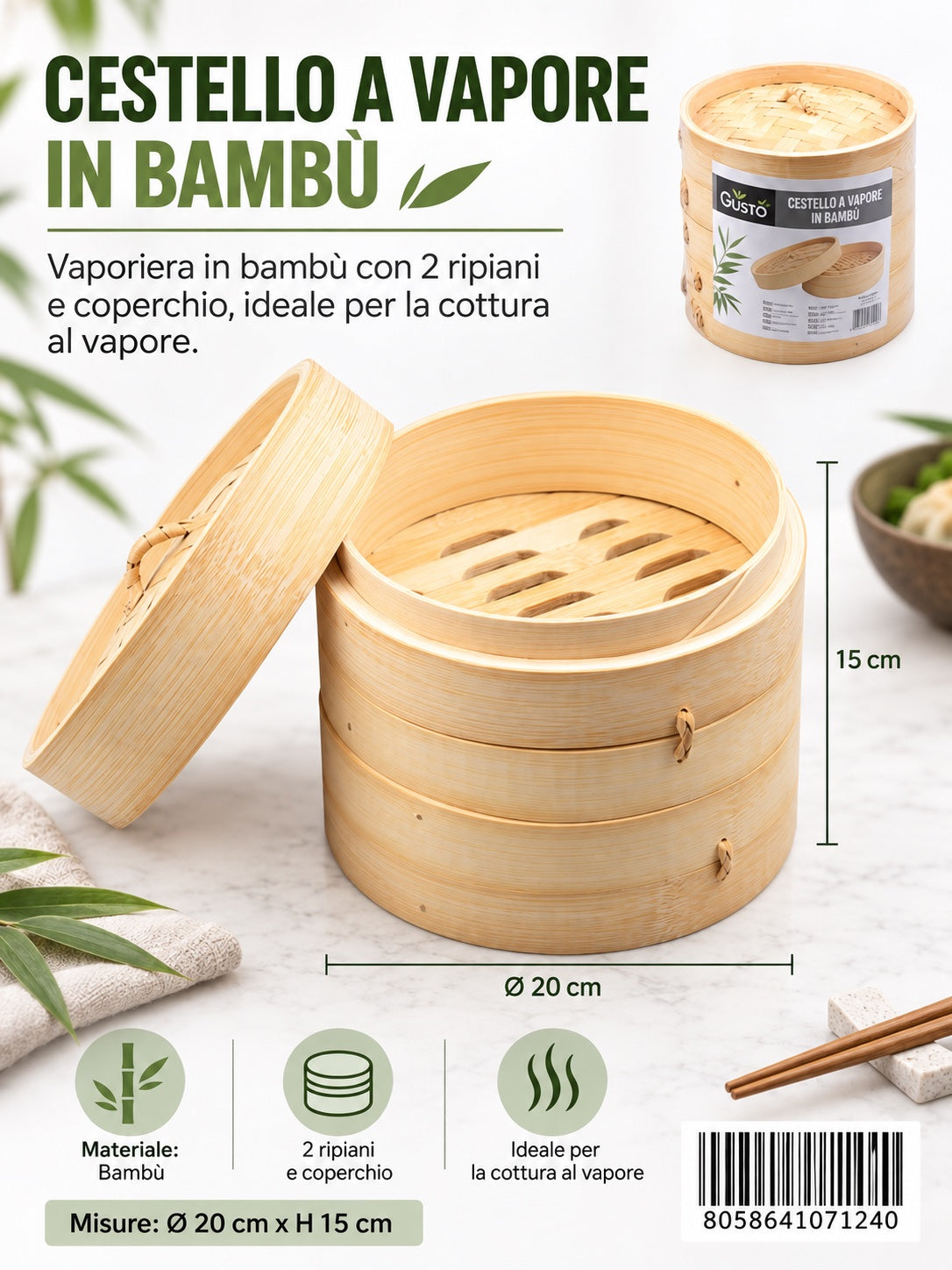 07124 Cestello A Vapore In Bambu 20Cm15Cm