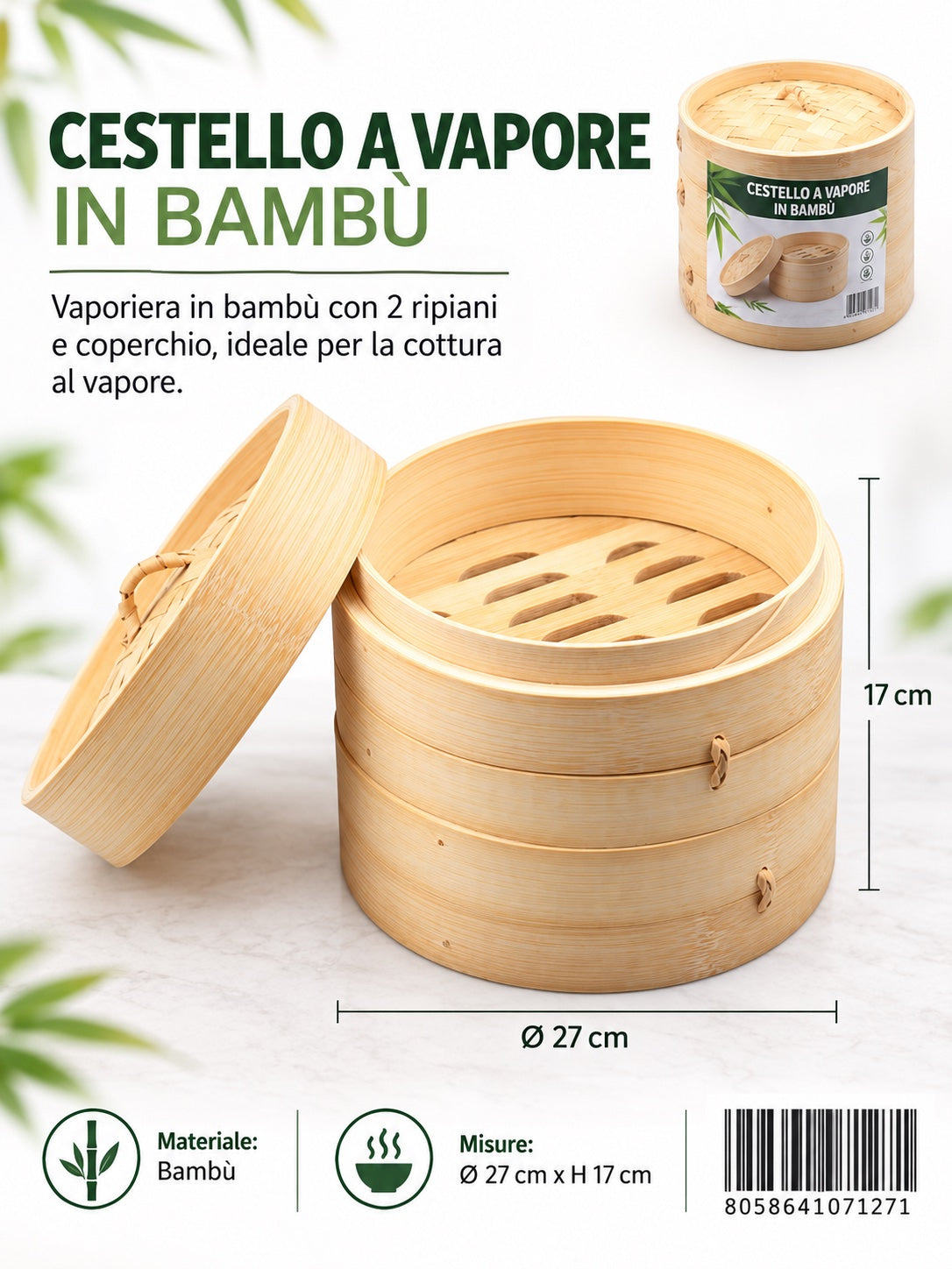 07127 Cestello A Vapore In Bambu 27Cm17Cm
