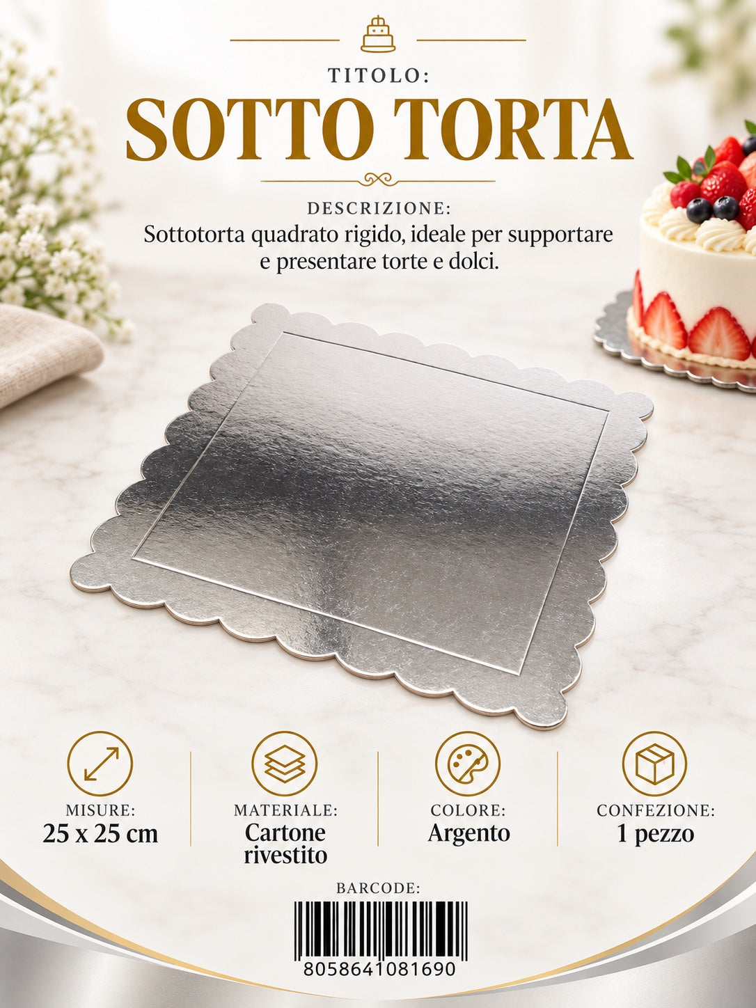 08169 Sotto Torta 25*25*0.3Cm Col. Argento