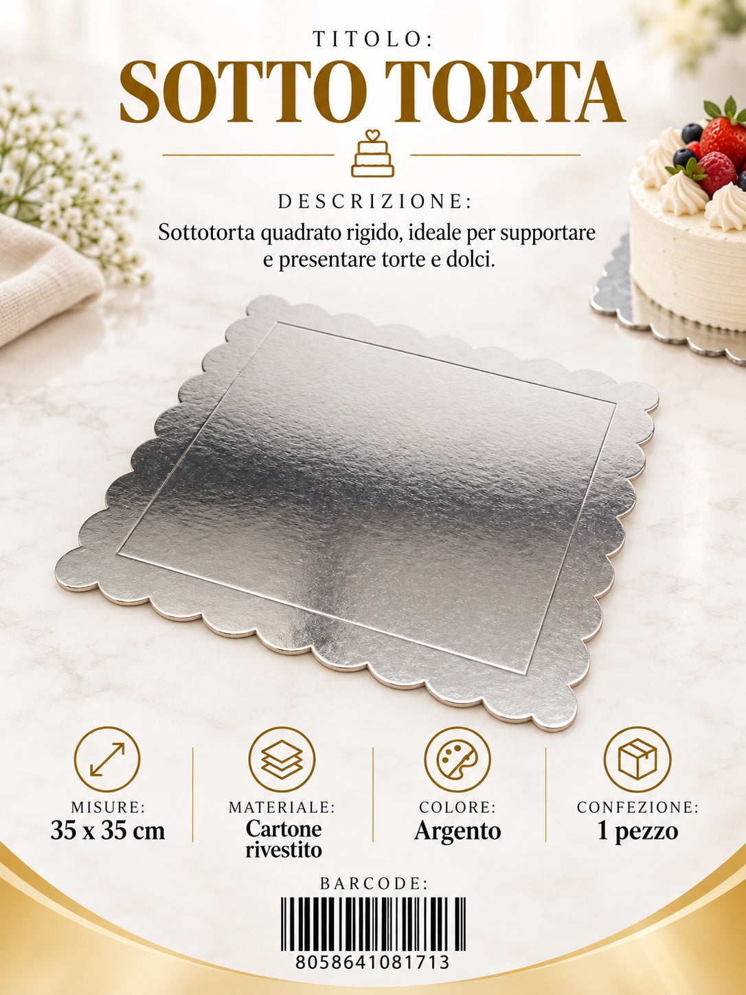 08171 Sotto Torta 35*35*0.3Cm Col. Argento