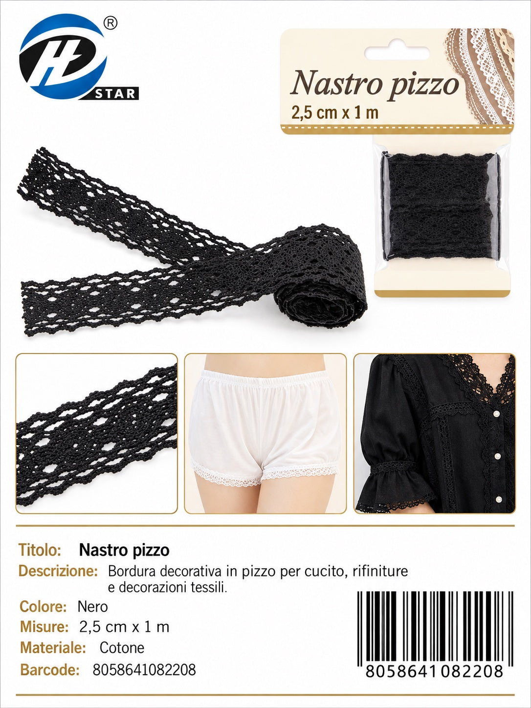 08220 Nastro Pizzo 2.5Cm*1Mt Col Nero 1/12 Ct480