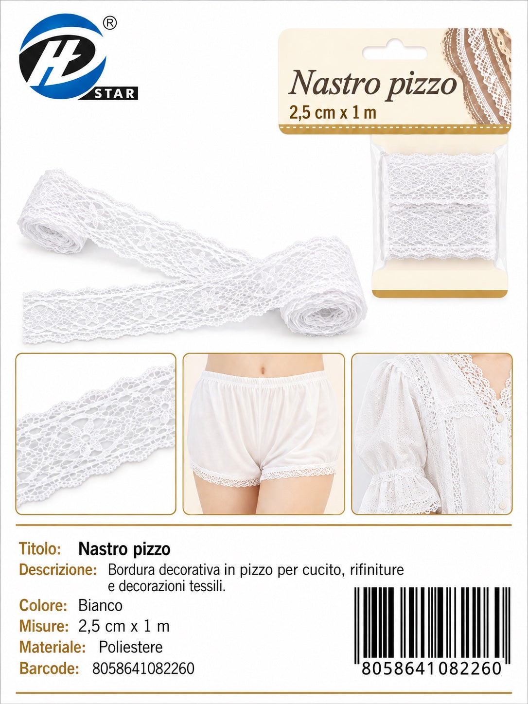 08226 Nastro Pizzo 2.5Cm*1Mt Col. Bianco 1/12 Ct480