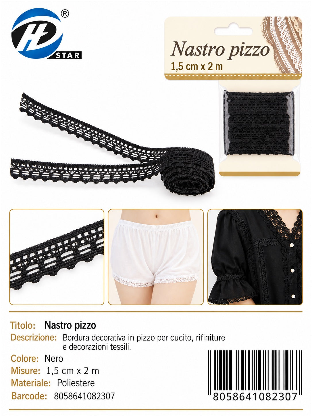 08230 Nastro Pizzo 1.5Cm*2Mt Col Nero 1/12 Ct480