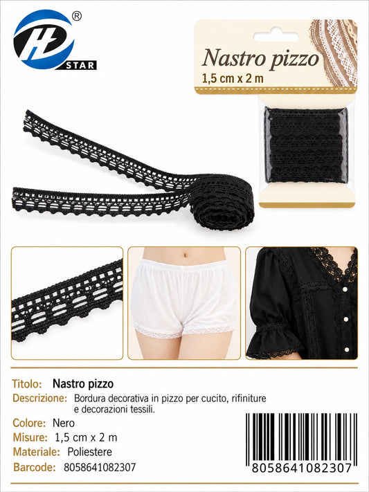 08230 Nastro Pizzo 1.5Cm*2Mt Col Nero 1/12 Ct480