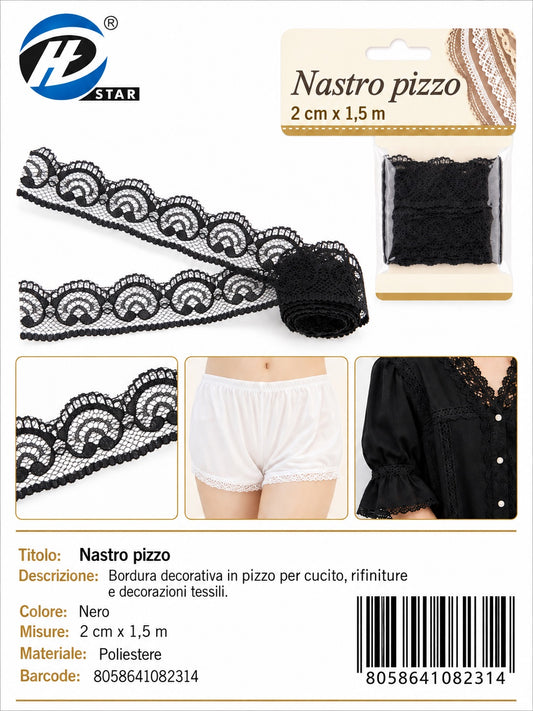 08231 Nastro Pizzo 2.0Cm*1.5Mt Col Nero 1/12 Ct480