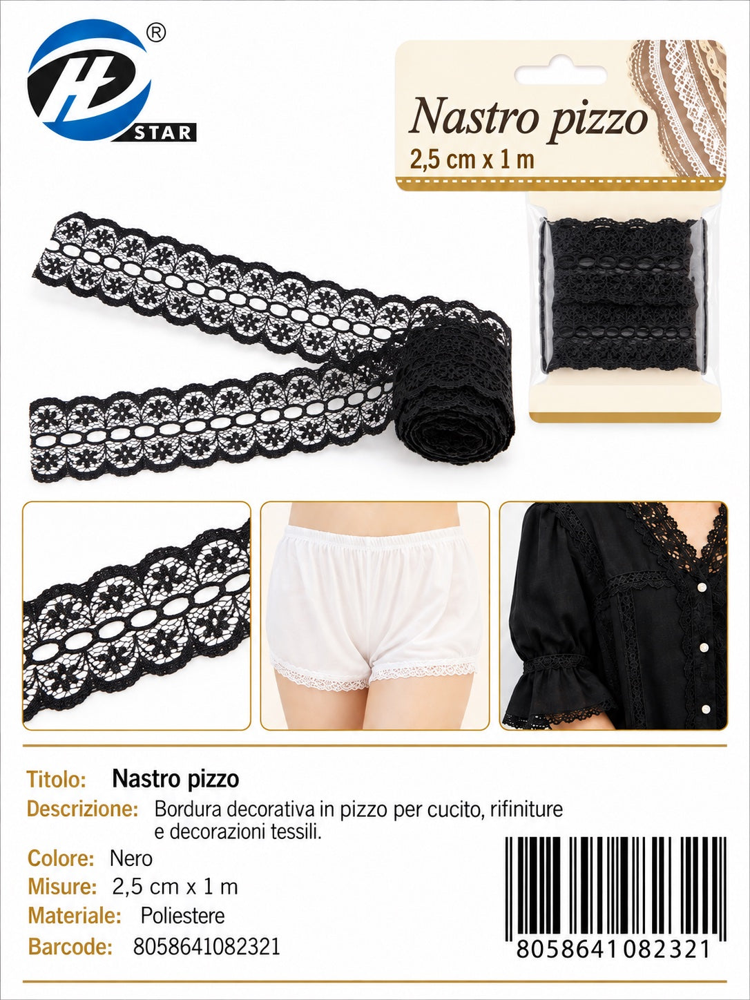 08232 Nastro Pizzo 2.5Cm*1Mt Col Nero 1/12 Ct480