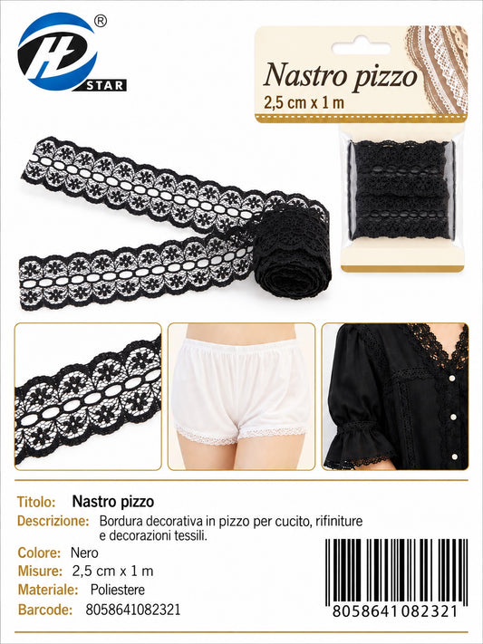 08232 Nastro Pizzo 2.5Cm*1Mt Col Nero 1/12 Ct480