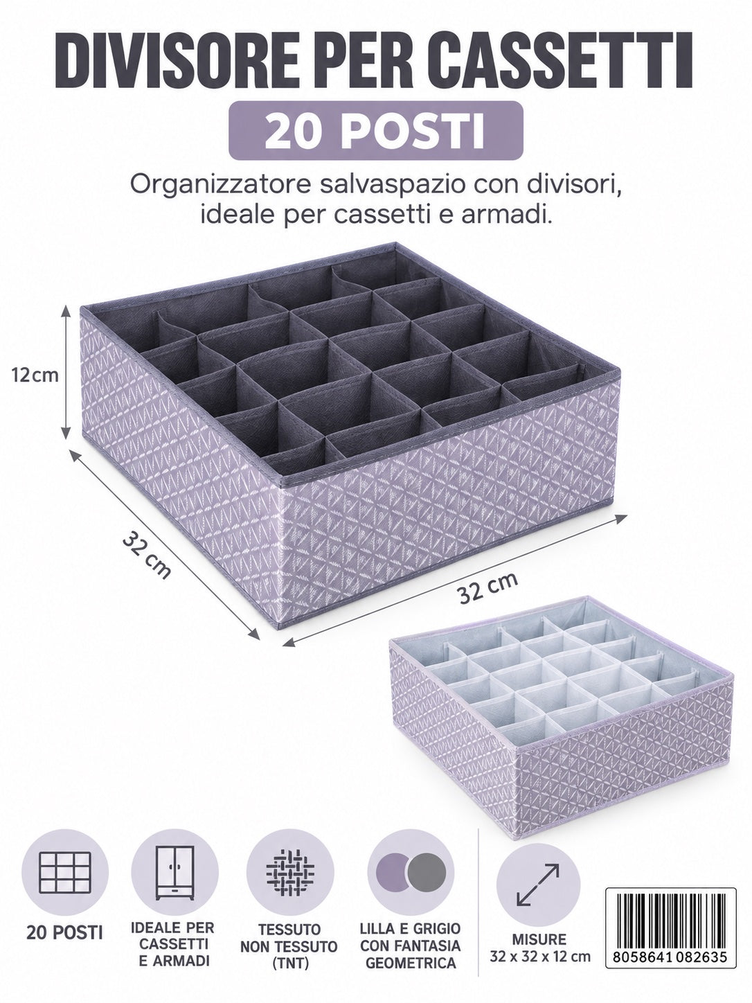 08263 A. Divisore Per Cassetti 32*32*12Cm 20 Scomparti Senza Coperchio 1/6 Ct48