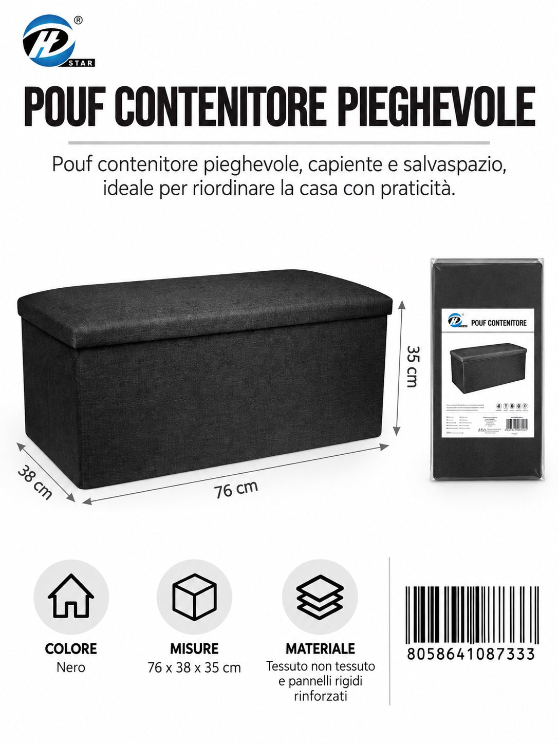 08733 Pouf Contenitore 76X38X35Cm Col. Nero Ct5