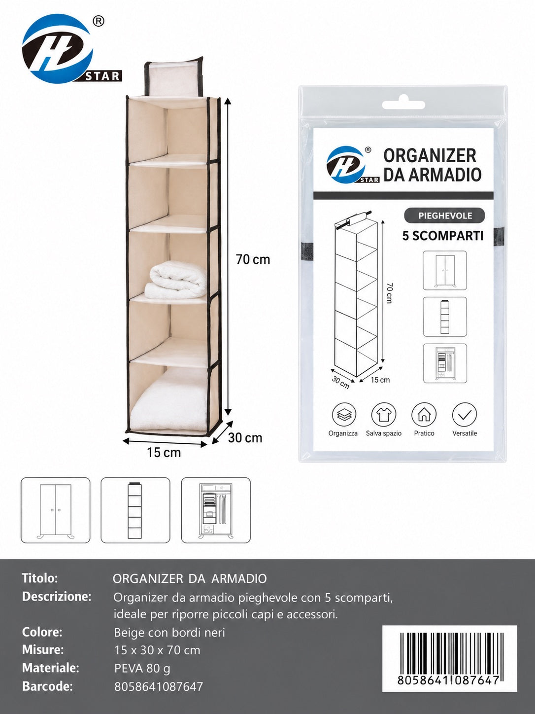 08764 T.U. Organizer Appendibile Da Armadio 15*30*70Cm 5Posti 1/6 Ct48