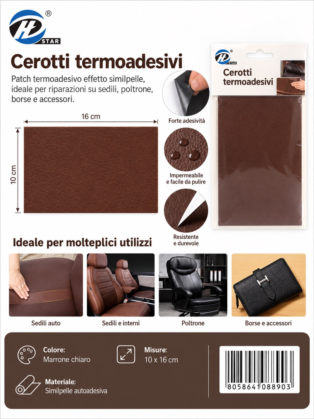 08890 Cerotti Termoadesivi Fintapelle 10*16 Col.Marrone Chiaro 1/24 Ct480
