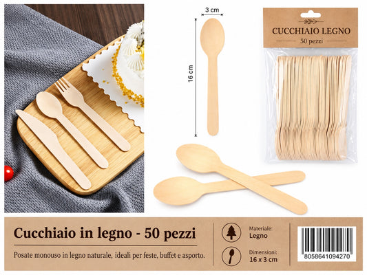 09427 Cucchiai In Legno 16Cm 50Pz
