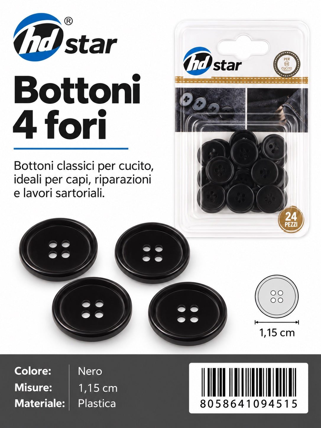 09451 Bottoni 1.15Cm 32Pcs Col. Nero 1/12 Ct480