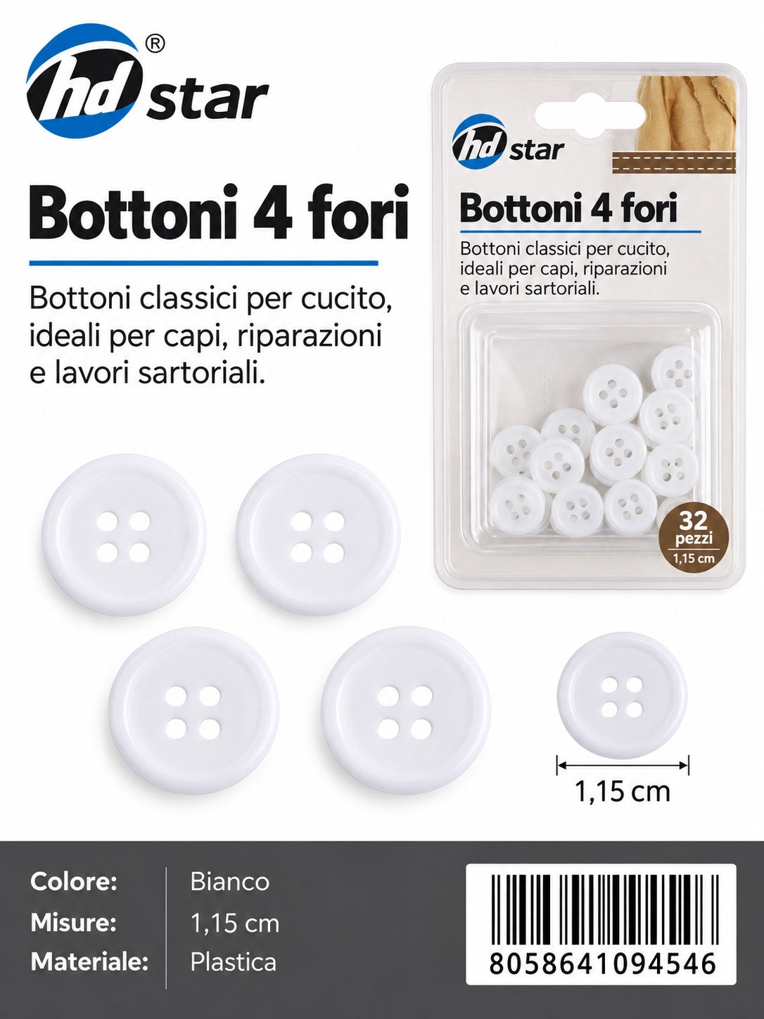 09454 Bottoni 1.15Cm 32Pcs Col. Bianco 1/12 Ct480