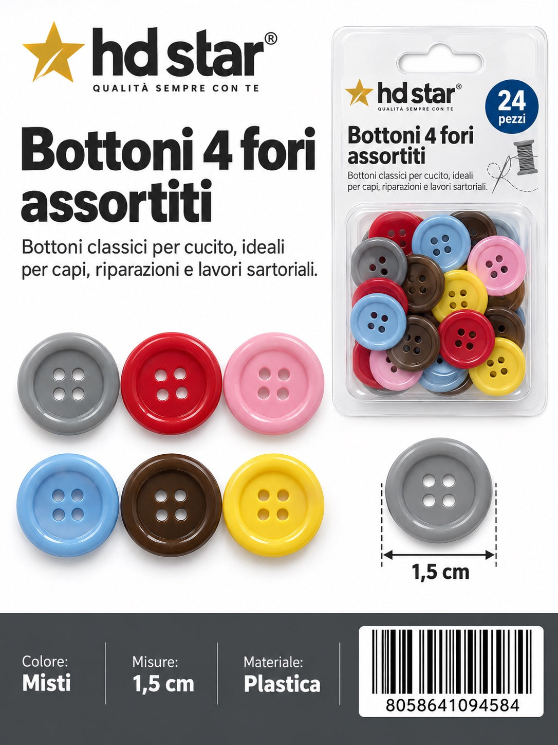 09458 Bottoni 1.5Cm 24Pcs Col. Assortiti 1/12 Ct480