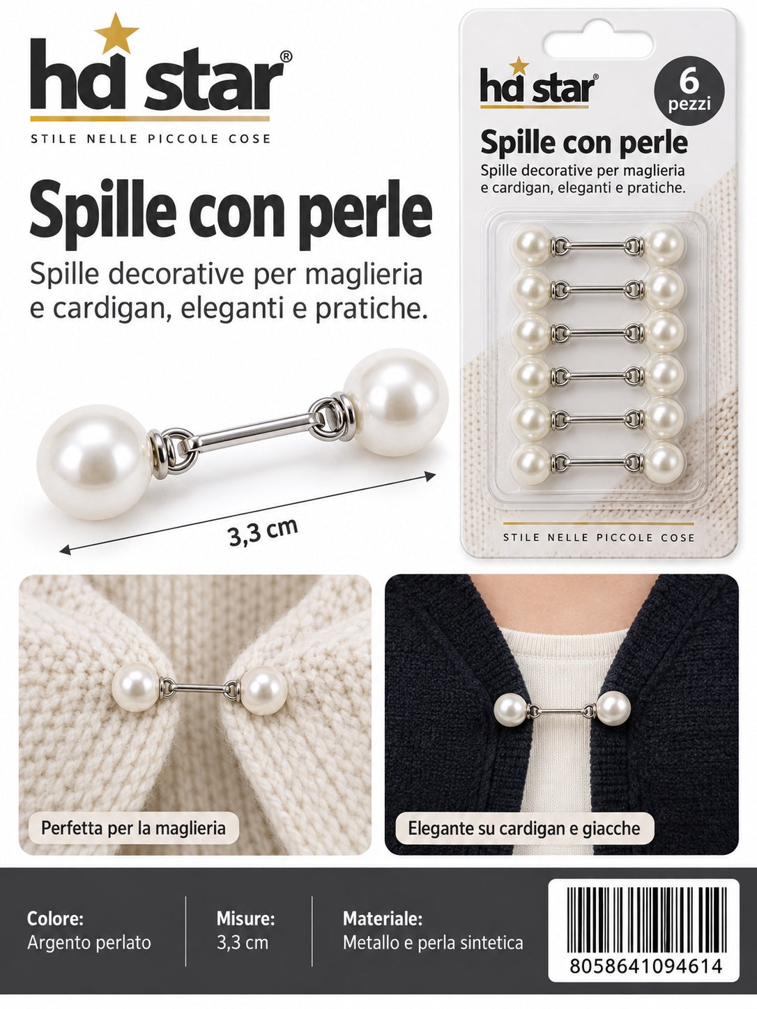 09461 Spille 6Pcs 3.3*0.8Cm Col. Oro E Argento Ass. 1/12 Ct240