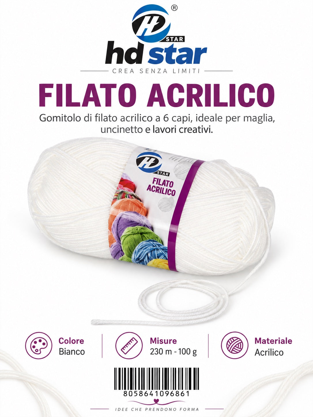 09686 Gomitolo Di Filato Acrilico 100G Mis.6 Col.01 1/6 Ct120