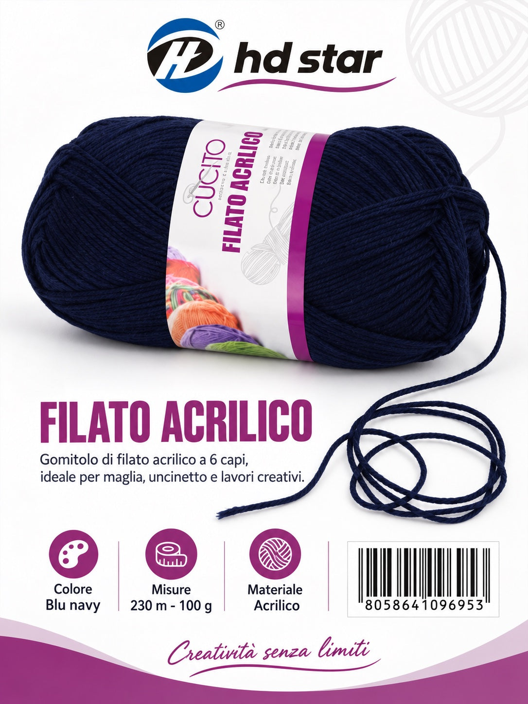 09695 Gomitolo Di Filato Acrilico 100G Mis.6 Col.57 1/6 Ct120
