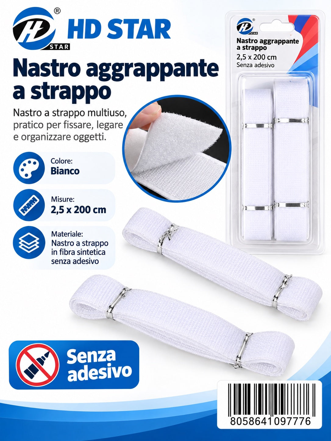 09777 Nastro Aggrappante A Strappo Nero 2.5*200Cm Senza Adesivo 1/6 Ct120