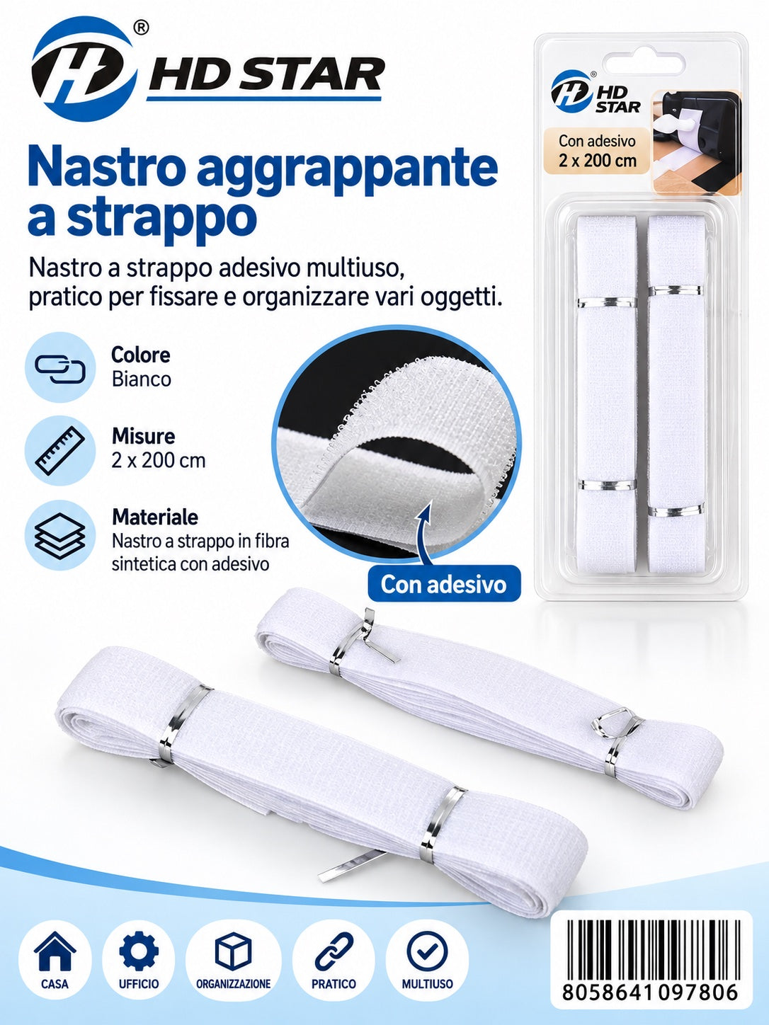 09780 Nastro Aggrappante A Strappo Bianco 2.0*200Cm Con Adesivo 1/6 Ct120
