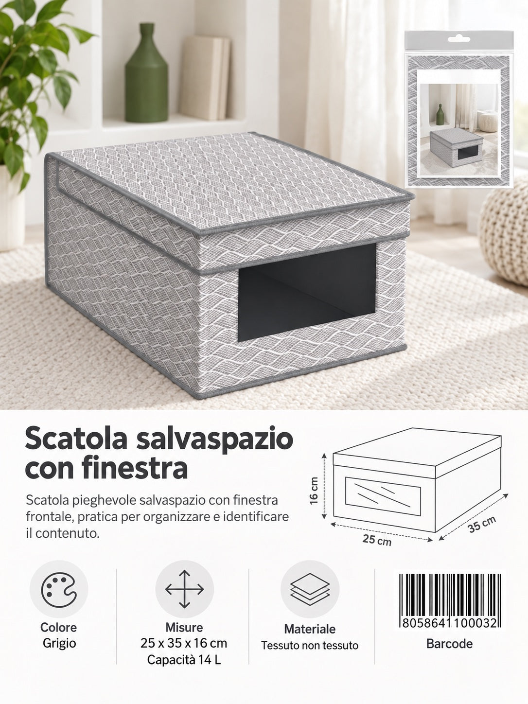 4110003 Fantasia Onde Scatola Salvaspazio Con Coperchio E Finestrella 25*35*16Cm Ct24